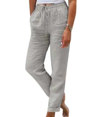Leinenhose Damen Sommer,Leinen Lang Baumwolle Hose Casual Leicht Sommerhose Einfarbig Loose Fit Stoffhose Elastischem Bund Adjustierbarem Kordelzug Freizeithose Strandhose (grau,L) von Xiyocadt
