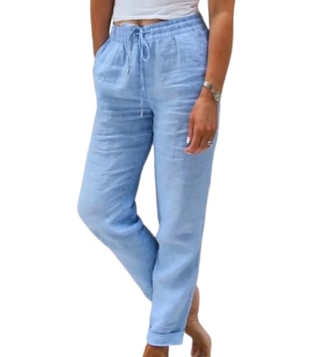 Leinenhose Damen Sommer,Leinen Lang Baumwolle Hose Casual Leicht Sommerhose Einfarbig Loose Fit Stoffhose Elastischem Bund Adjustierbarem Kordelzug Freizeithose Strandhose (himmelblau,S) von Xiyocadt