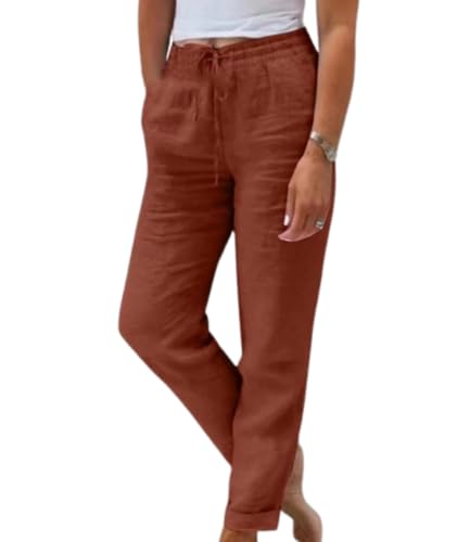 Leinenhose Damen Sommer,Leinen Lang Baumwolle Hose Casual Leicht Sommerhose Einfarbig Loose Fit Stoffhose Elastischem Bund Adjustierbarem Kordelzug Freizeithose Strandhose (rot,XXL) von Xiyocadt