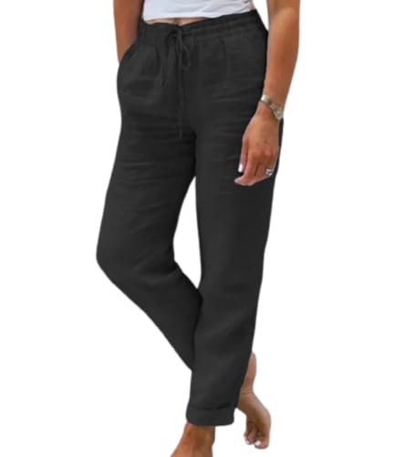 Leinenhose Damen Sommer,Leinen Lang Baumwolle Hose Casual Leicht Sommerhose Einfarbig Loose Fit Stoffhose Elastischem Bund Adjustierbarem Kordelzug Freizeithose Strandhose (schwarz,L) von Xiyocadt