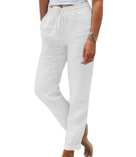Leinenhose Damen Sommer,Leinen Lang Baumwolle Hose Casual Leicht Sommerhose Einfarbig Loose Fit Stoffhose Elastischem Bund Adjustierbarem Kordelzug Freizeithose Strandhose (weiß,XL) von Xiyocadt