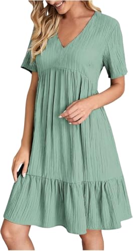 Sommerkleid Damen Kurz V Ausschnitt Kleid Hochzeitsgast Sommer Festliche Kleider Freizeit Strandkleid Elegante Wickelkleid Knielang Sommerkleider Leicht Und Luftig Freizeitkleid (Light Green,XL) von Xiyocadt