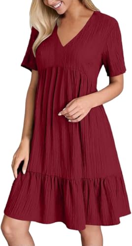 Sommerkleid Damen Kurz V Ausschnitt Kleid Hochzeitsgast Sommer Festliche Kleider Freizeit Strandkleid Elegante Wickelkleid Knielang Sommerkleider Leicht Und Luftig Freizeitkleid (Wine Red,XXL) von Xiyocadt