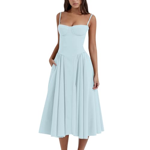 Sommerkleid Lang Damen Korsett Sundress Elegant Spaghetti Midikleid Frauen A Linie Milkmaid Dress Ärmellose Boho Festliches Kleid Cocktailkleid Korsett Kleid Damen (Hellblau,S) von Xiyocadt