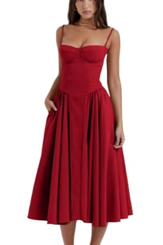 Sommerkleid Lang Damen Korsett Sundress Elegant Spaghetti Midikleid Frauen A Linie Milkmaid Dress Ärmellose Boho Festliches Kleid Cocktailkleid Korsett Kleid Damen (Rot,S) von Xiyocadt
