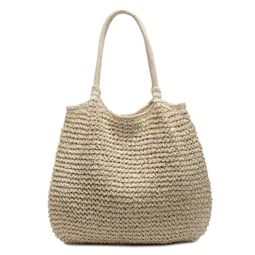 Strandtasche Strohtasche Damen, Boho Umhängetasche Tote Bag, Elegante Handtasche Damen groß Shopper Tasche Geflochtene Taschen Korbtasche für Urlaub Reisen Strand Sommer (Cremeweiß,45 x 10 x 40 CM) von Xiyocadt