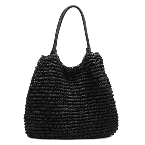 Strandtasche Strohtasche Damen, Boho Umhängetasche Tote Bag, Elegante Handtasche Damen groß Shopper Tasche Geflochtene Taschen Korbtasche für Urlaub Reisen Strand Sommer (Schwarz,45 x 10 x 40 CM) von Xiyocadt