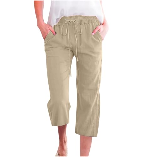 Xiyocadt 3/4 Hose Damen Atmungsaktiv Baumwolle Caprihose Freizeithose Elastische Stretch Leichte Jogginghose Capri Casual Cargohose Outdoorhose Bequeme Strandhose Sommerhose (Khaki,L) von Xiyocadt