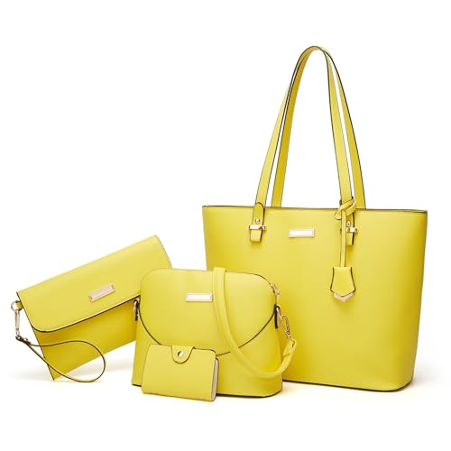 Xiyocadt 4-Teiliges Set Handtasche Damen, Umhängetasche Geldbeutel Taschen, Schultertasche Handtaschen Tragetasche Damen für Büro Schule Einkauf Reise Geschenk (gelb) von Xiyocadt