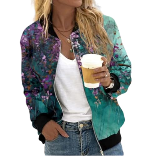 Xiyocadt Bomberjacke Damen Frühlingsjacke Blumenmuster Leichte Sommerjacke Sommer Reißverschluss Kurz Pilotenjacke Blouson Jacke Dünne Langarm Übergangsjacke College Jacket (A-01,L) von Xiyocadt