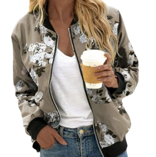 Xiyocadt Bomberjacke Damen Frühlingsjacke Blumenmuster Leichte Sommerjacke Sommer Reißverschluss Kurz Pilotenjacke Blouson Jacke Dünne Langarm Übergangsjacke College Jacket (A-02,S) von Xiyocadt