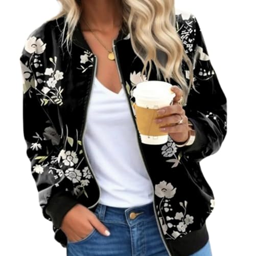 Xiyocadt Bomberjacke Damen Frühlingsjacke Blumenmuster Leichte Sommerjacke Sommer Reißverschluss Kurz Pilotenjacke Blouson Jacke Dünne Langarm Übergangsjacke College Jacket (A-03,M) von Xiyocadt