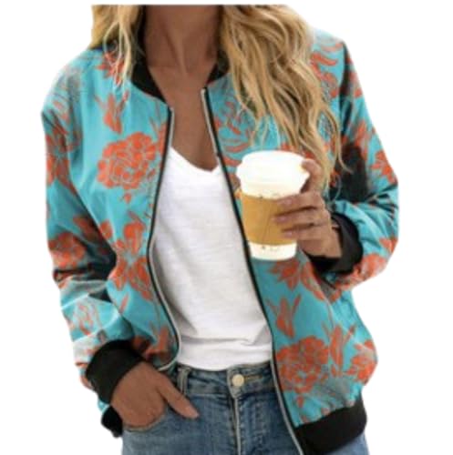 Xiyocadt Bomberjacke Damen Frühlingsjacke Blumenmuster Leichte Sommerjacke Sommer Reißverschluss Kurz Pilotenjacke Blouson Jacke Dünne Langarm Übergangsjacke College Jacket (A-04,XL) von Xiyocadt