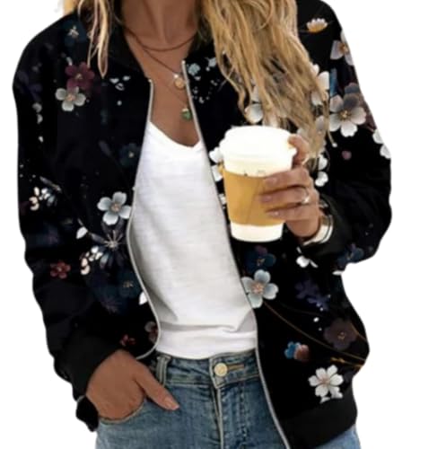 Xiyocadt Bomberjacke Damen Frühlingsjacke Blumenmuster Leichte Sommerjacke Sommer Reißverschluss Kurz Pilotenjacke Blouson Jacke Dünne Langarm Übergangsjacke College Jacket (A-08,XXL) von Xiyocadt