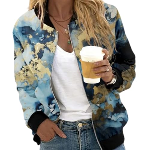 Xiyocadt Bomberjacke Damen Frühlingsjacke Blumenmuster Leichte Sommerjacke Sommer Reißverschluss Kurz Pilotenjacke Blouson Jacke Dünne Langarm Übergangsjacke College Jacket (A-09,S) von Xiyocadt
