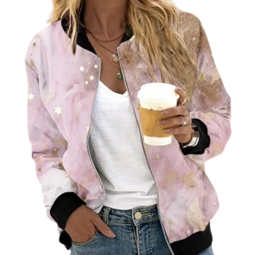 Xiyocadt Bomberjacke Damen Frühlingsjacke Blumenmuster Leichte Sommerjacke Sommer Reißverschluss Kurz Pilotenjacke Blouson Jacke Dünne Langarm Übergangsjacke College Jacket (A-11,XXL) von Xiyocadt