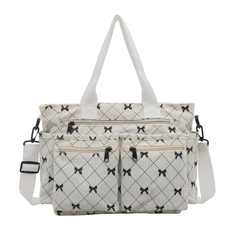 Xiyocadt Cord Tasche Damen, Tote Bag Cord Umhängetasche, Damen Mittelgroß Handtasche Frauen mit Reißverschluss Leichte Shopper für Arbeit Universität Shopping (Weiß) von Xiyocadt