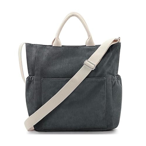 Xiyocadt Cord Tasche Damen, Umhängetasche Damen Mittelgroß Handtasche, Frauen mit Reißverschluss Leichte Shopper für Arbeit Universität Shopping (grau) von Xiyocadt