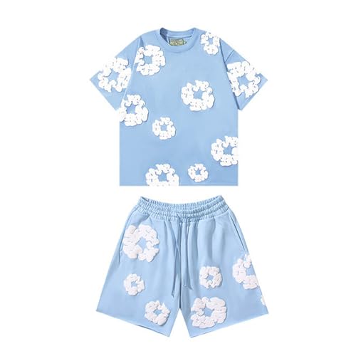 Xiyocadt For Denim Tears Shorts Tracksuit, Dt T-Shirt Und Shorts Set, Sommer Trainingsanzug Jogginganzug Kurzarm, Hip Hop T-Shirt Mit Baumwollkranz, Unisex Schaumdruck Trainingsanzug (Hellblau,M) von Xiyocadt