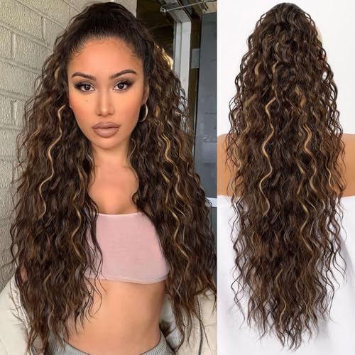 Xiyocadt Lange Zopf Pferdeschwanz Haarextension mit Kordelzug, Extension Ombre Blond Natürliches Clip in Haarteil Ponytail Kunsthaar Haarzopf für Damen Zopf Haarverlängerunge (10H26#,30Inch) von Xiyocadt