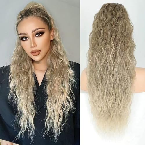 Xiyocadt Lange Zopf Pferdeschwanz Haarextension mit Kordelzug, Extension Ombre Blond Natürliches Clip in Haarteil Ponytail Kunsthaar Haarzopf für Damen Zopf Haarverlängerunge (18T60#,30Inch) von Xiyocadt