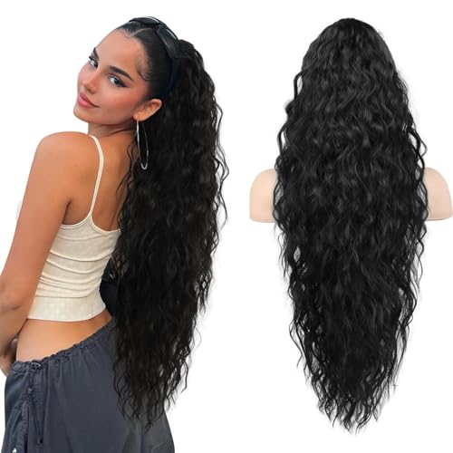 Xiyocadt Lange Zopf Pferdeschwanz Haarextension mit Kordelzug, Extension Ombre Blond Natürliches Clip in Haarteil Ponytail Kunsthaar Haarzopf für Damen Zopf Haarverlängerunge (1B#,30Inch) von Xiyocadt