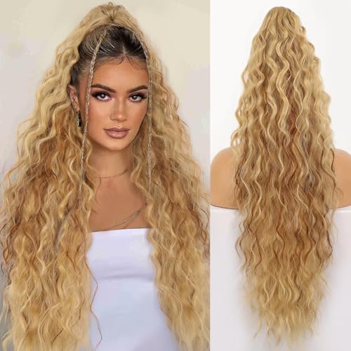 Xiyocadt Lange Zopf Pferdeschwanz Haarextension mit Kordelzug, Extension Ombre Blond Natürliches Clip in Haarteil Ponytail Kunsthaar Haarzopf für Damen Zopf Haarverlängerunge (2216#,30Inch) von Xiyocadt