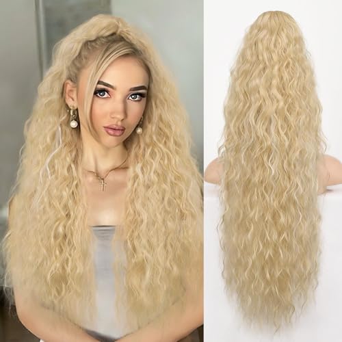 Xiyocadt Lange Zopf Pferdeschwanz Haarextension mit Kordelzug, Extension Ombre Blond Natürliches Clip in Haarteil Ponytail Kunsthaar Haarzopf für Damen Zopf Haarverlängerunge (H15/60#,30Inch) von Xiyocadt