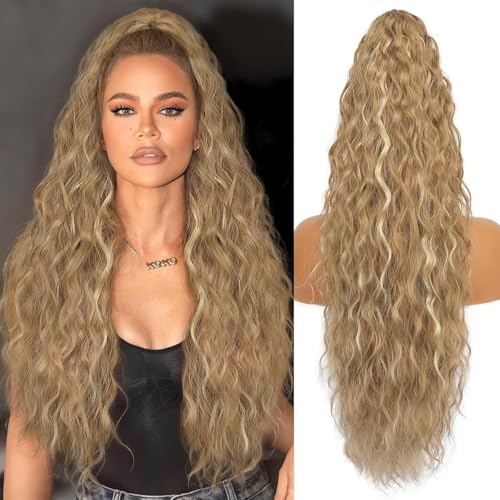 Xiyocadt Lange Zopf Pferdeschwanz Haarextension mit Kordelzug, Extension Ombre Blond Natürliches Clip in Haarteil Ponytail Kunsthaar Haarzopf für Damen Zopf Haarverlängerunge (H27/88#,30Inch) von Xiyocadt