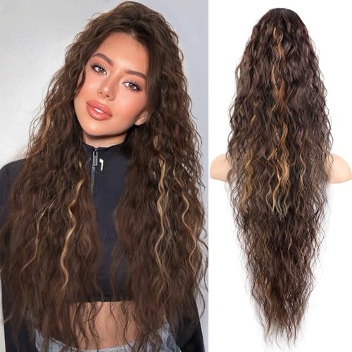 Xiyocadt Lange Zopf Pferdeschwanz Haarextension mit Kordelzug, Extension Ombre Blond Natürliches Clip in Haarteil Ponytail Kunsthaar Haarzopf für Damen Zopf Haarverlängerunge (H6A/26#,30Inch) von Xiyocadt