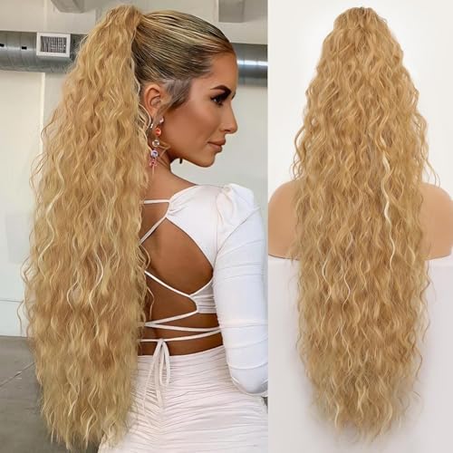 Xiyocadt Lange Zopf Pferdeschwanz Haarextension mit Kordelzug, Extension Ombre Blond Natürliches Clip in Haarteil Ponytail Kunsthaar Haarzopf für Damen Zopf Haarverlängerunge (P22A/613#,30Inch) von Xiyocadt