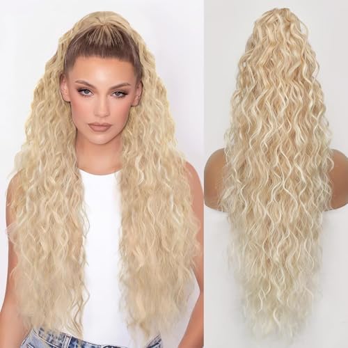 Xiyocadt Lange Zopf Pferdeschwanz Haarextension mit Kordelzug, Extension Ombre Blond Natürliches Clip in Haarteil Ponytail Kunsthaar Haarzopf für Damen Zopf Haarverlängerunge (T22/613#,30Inch) von Xiyocadt