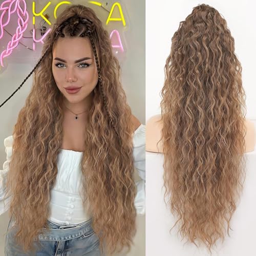 Xiyocadt Lange Zopf Pferdeschwanz Haarextension mit Kordelzug, Extension Ombre Blond Natürliches Clip in Haarteil Ponytail Kunsthaar Haarzopf für Damen Zopf Haarverlängerunge (T6K/22#,30Inch) von Xiyocadt