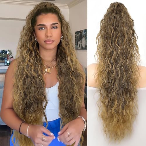 Xiyocadt Lange Zopf Pferdeschwanz Haarextension mit Kordelzug, Extension Ombre Blond Natürliches Clip in Haarteil Ponytail Kunsthaar Haarzopf für Damen Zopf Haarverlängerunge (T8/27M,30Inch) von Xiyocadt