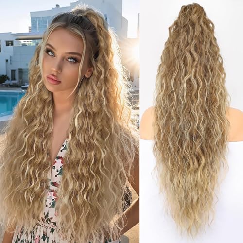 Xiyocadt Lange Zopf Pferdeschwanz Haarextension mit Kordelzug, Extension Ombre Blond Natürliches Clip in Haarteil Ponytail Kunsthaar Haarzopf für Damen Zopf Haarverlängerunge (TAT/12/613#,30Inch) von Xiyocadt