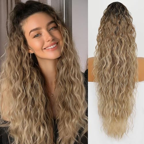 Xiyocadt Lange Zopf Pferdeschwanz Haarextension mit Kordelzug, Extension Ombre Blond Natürliches Clip in Haarteil Ponytail Kunsthaar Haarzopf für Damen Zopf Haarverlängerunge (TaT4/12/613#,30Inch) von Xiyocadt