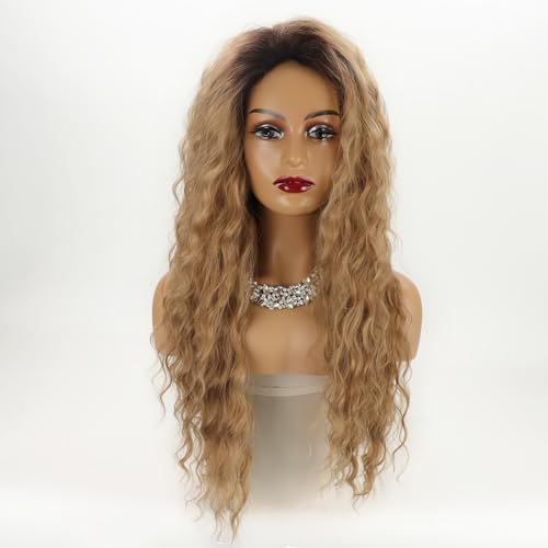 Xiyocadt Ombre Aschblonde Lockige Perücken für Frauen Synthetisches Haar,Super Lange Perücke mit Filmansatz Kunsthaar Wasserwelle Perücke mit Mittelscheitel Damen Lace Front Wigs (9618E,65cm) von Xiyocadt
