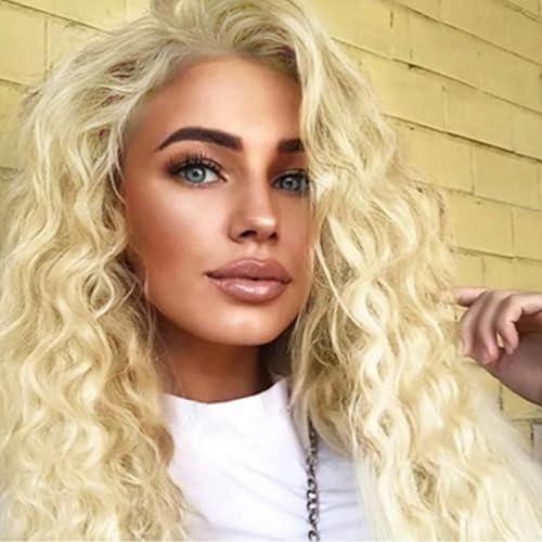Xiyocadt Ombre Aschblonde Lockige Perücken für Frauen Synthetisches Haar,Super Lange Perücke mit Filmansatz Kunsthaar Wasserwelle Perücke mit Mittelscheitel Damen Lace Front Wigs (9618F,65cm) von Xiyocadt