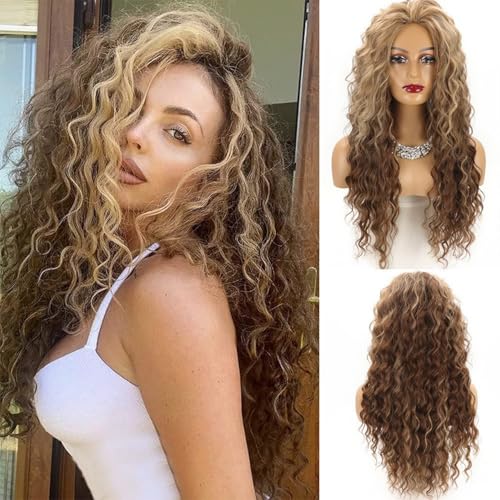 Xiyocadt Ombre Aschblonde Lockige Perücken für Frauen Synthetisches Haar,Super Lange Perücke mit Filmansatz Kunsthaar Wasserwelle Perücke mit Mittelscheitel Damen Lace Front Wigs (9618O,65cm) von Xiyocadt