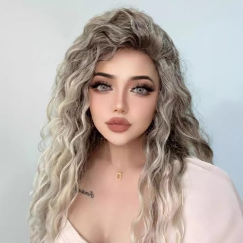 Xiyocadt Ombre Aschblonde Lockige Perücken für Frauen Synthetisches Haar,Super Lange Perücke mit Filmansatz Kunsthaar Wasserwelle Perücke mit Mittelscheitel Damen Lace Front Wigs (Q9618,65cm) von Xiyocadt