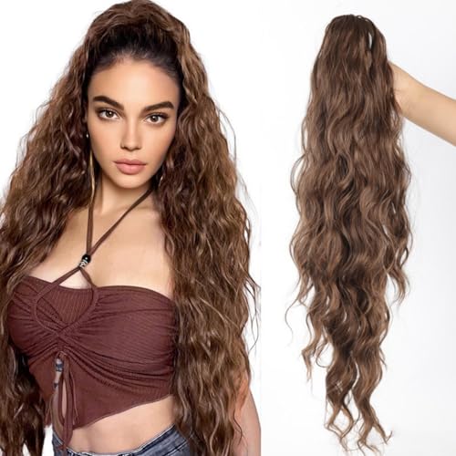 Xiyocadt Pferdeschwanz Haarteil Lang mit Kordelzug Wellig Locken Ponytail, Wellig Lockig Aschblond Synthetik Haarverlängerung Natürliches Clip in Haarteil Ponytail für Damen (2/30,30Inch) von Xiyocadt