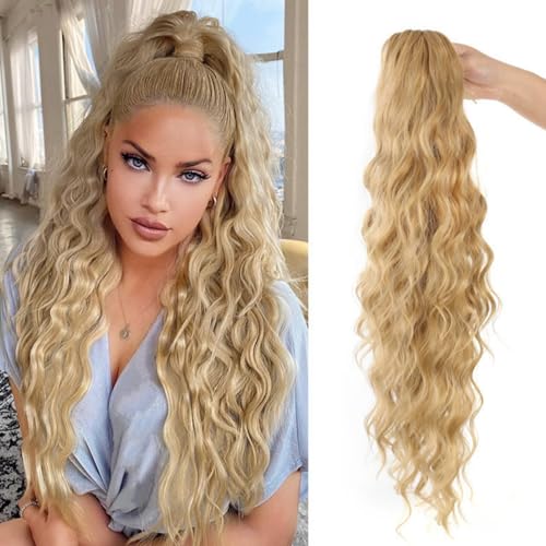 Xiyocadt Pferdeschwanz Haarteil Lang mit Kordelzug Wellig Locken Ponytail, Wellig Lockig Aschblond Synthetik Haarverlängerung Natürliches Clip in Haarteil Ponytail für Damen (27/24,30Inch) von Xiyocadt