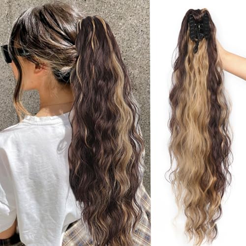 Xiyocadt Pferdeschwanz Haarteil Lang mit Kordelzug Wellig Locken Ponytail, Wellig Lockig Aschblond Synthetik Haarverlängerung Natürliches Clip in Haarteil Ponytail für Damen (4/18,30Inch) von Xiyocadt