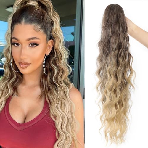 Xiyocadt Pferdeschwanz Haarteil Lang mit Kordelzug Wellig Locken Ponytail, Wellig Lockig Aschblond Synthetik Haarverlängerung Natürliches Clip in Haarteil Ponytail für Damen (4/86,30Inch) von Xiyocadt