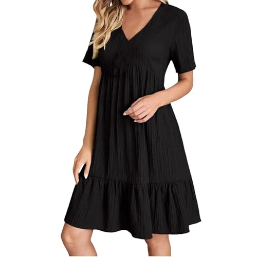 Xiyocadt Sommerkleid Damen Kurz V Ausschnitt Kleid Hochzeitsgast Sommer Festliche Kleider Freizeit Strandkleid Elegante Wickelkleid Knielang Sommerkleider Leicht Und Luftig Freizeitkleid (Black,3XL) von Xiyocadt