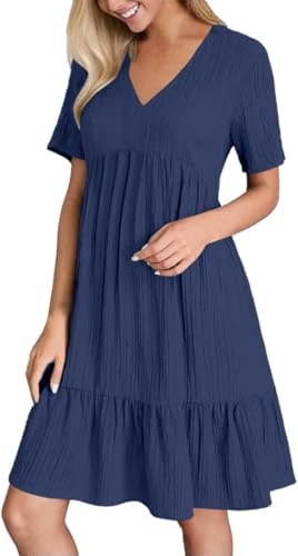 Xiyocadt Sommerkleid Damen Kurz V Ausschnitt Kleid Hochzeitsgast Sommer Festliche Kleider Freizeit Strandkleid Elegante Wickelkleid Knielang Sommerkleider Leicht Und Luftig Freizeitkleid (Blue,M) von Xiyocadt