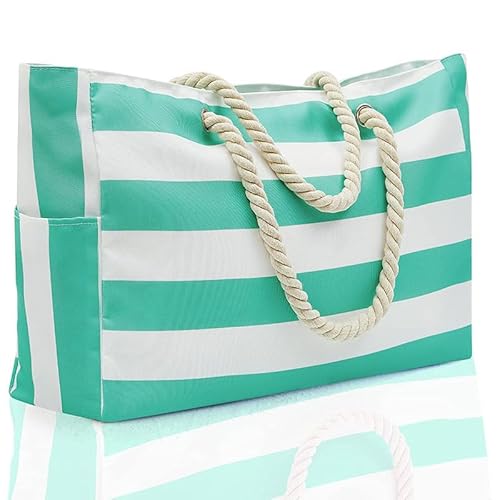 Xiyocadt Strandtasche, Badetasche Wasserdicht Streifen Strandtasche, Familie Segeltuch Umhängetasche mit Reißverschluss mit Nasstaschee Grosse Strandtasche für Damen (Cyan) von Xiyocadt