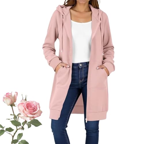 Xiyocadt Sweatjacke Damen mit Kapuze Trenchcoat Damen Kurz Lang Hoodie Damen Fleecejacke Damen Lang Reißverschluss Langarm Mantel Winter Warm Cardigan Kurzmantel Damen (Rosa,XXL) von Xiyocadt