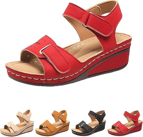 Xiyocadt Weiche & stilvolle Keilsandalen Mühelose Komfort Leder Orthopädische Gehplattform Sandalen Frauen Breite Keilsandale (Red,41) von Xiyocadt