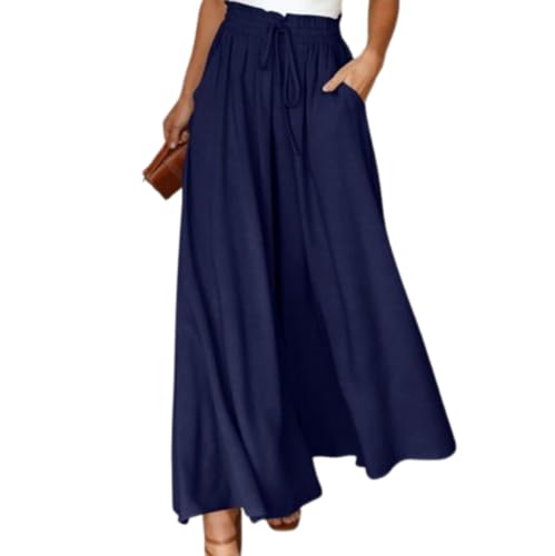 Xiyocadt Weite Bein Hose Damen Hosenrock Elegante, Hosenrock Damen Lang Elegant Leicht Palazzo Hose Weite Hose mit Taschen Lockere Hosen Freizeithose (Marineblau,M) von Xiyocadt